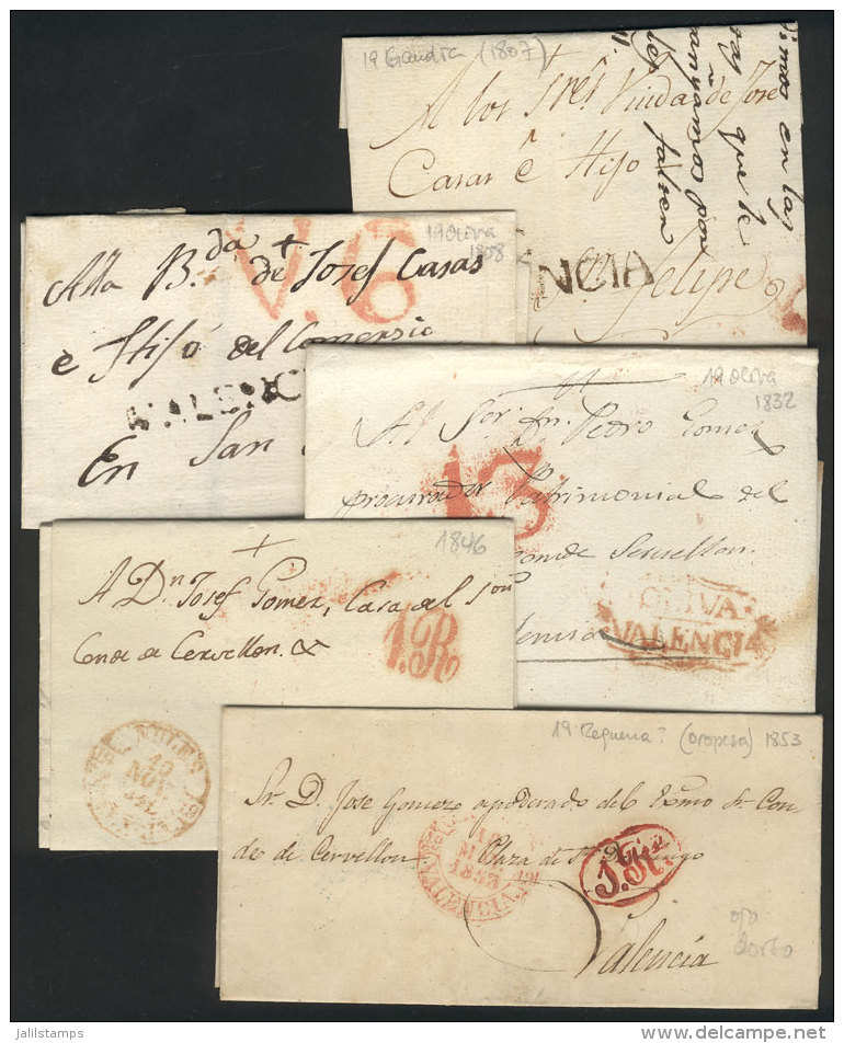 5 Folded Covers Or Letters Of Years 1807 To 1853, All With Interesting Postal Marks Of Various Towns In CADIZ,... - ...-1850 Prephilately