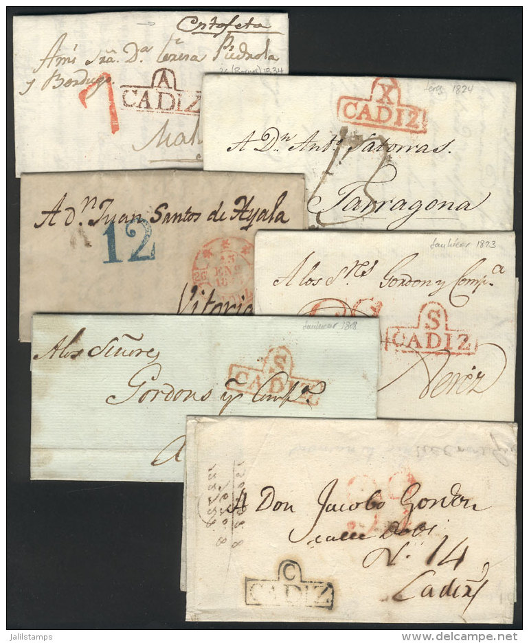 6 Folded Covers Or Letters Of Years 1800 To 1843, All With Interesting Postal Marks Of Various Towns In CADIZ,... - ...-1850 Prephilately