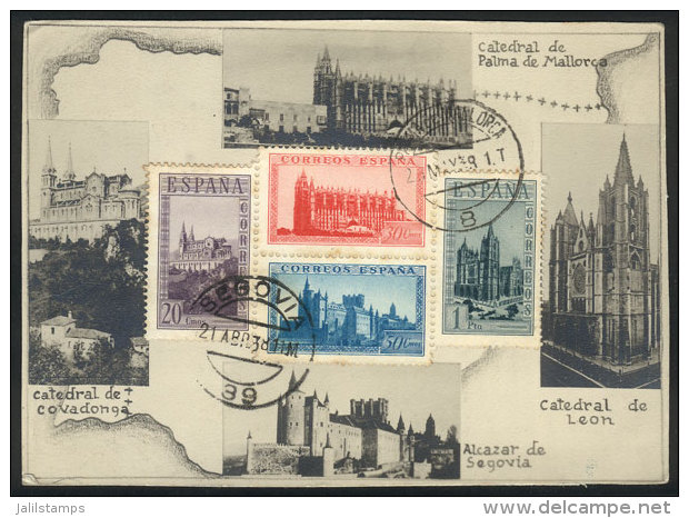 Maximum Card Of 1938: Small Views Of Cathedrals Of Leon, Covadonga, Palma De Mallorca And Alcazar Of Segovia Over... - Maximum Cards