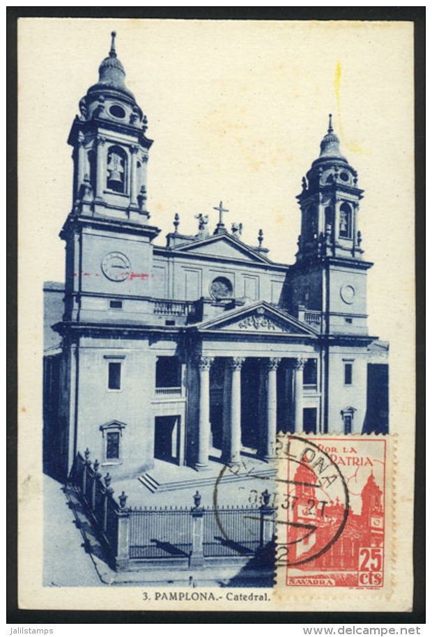 PAMPLONA: The Cathedral, Maximum Card Of OC/1937 With Patriotic Cinderella, Fine Quality - Maximum Cards
