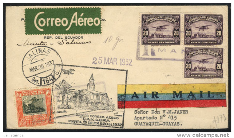 25/MAR/1932 Manta - Salinas - Guayaquil (Mü.92): PANAGRA First Flight, Nice Cover With Special Markings And... - Ecuador