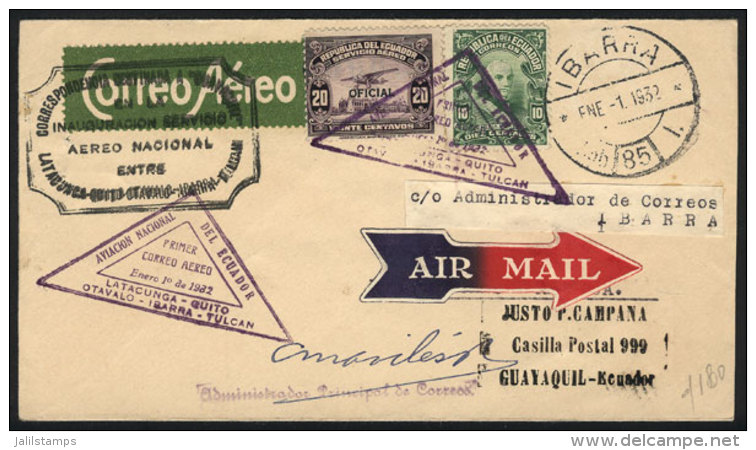 1/JA/1932 Ibarra - Guayaquil, Cover Carried On First Flight Latacunga - Quito - Otavalo - Ibarra - Tulcan, With... - Ecuador