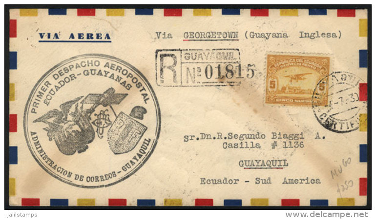 4/JUL/1930 Guayaquil - Georgetown, British Guiana (Mü.60), First Flight, With Special Handstamp And Various... - Ecuador
