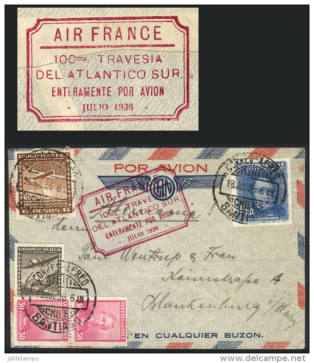 Airmail Cover Sent From Santiago To Germany On 18/JUL/1936, Special Lilac Marking: 'AIR FRANCE - 100th Crossing Of... - Chile