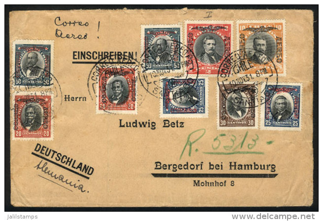 Airmail Cover Sent From Santiago To Germany On 10/NO/1931 With Beautiful Multicolor Postage Of Overprinted Stamps... - Chile