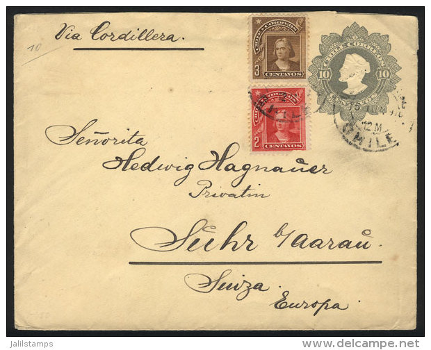 10c. Stationery Envelope Uprated With 5c., Sent From Valparaiso To Switzerland On 5/JUN/1910, Excellent Quality! - Chile
