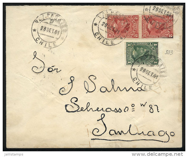 Cover Sent From Valparaiso To Santiago On 28/SE/1901, Franked With 5c. (Sc.39 + 40 Pair), VF Quality! - Chile