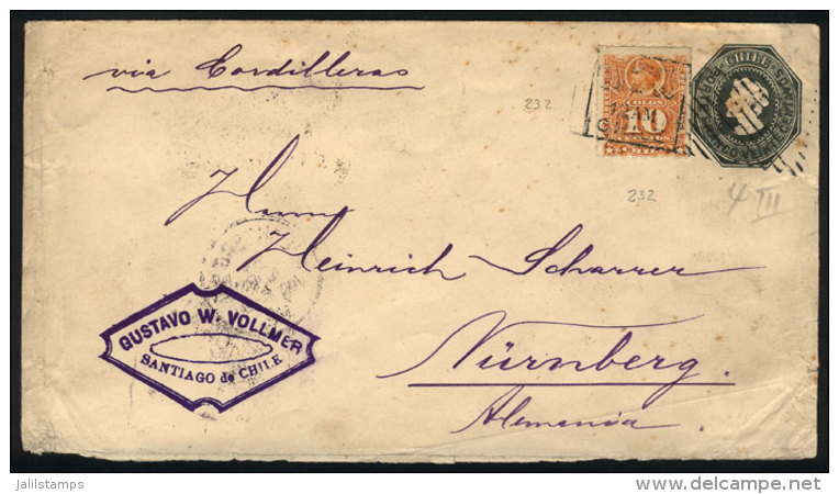 Stationery Envelope Of 20c. (green) + Colombus 10c. Rouletted (Sc.29), Sent From Santiago To Germany In FE/1899,... - Chile