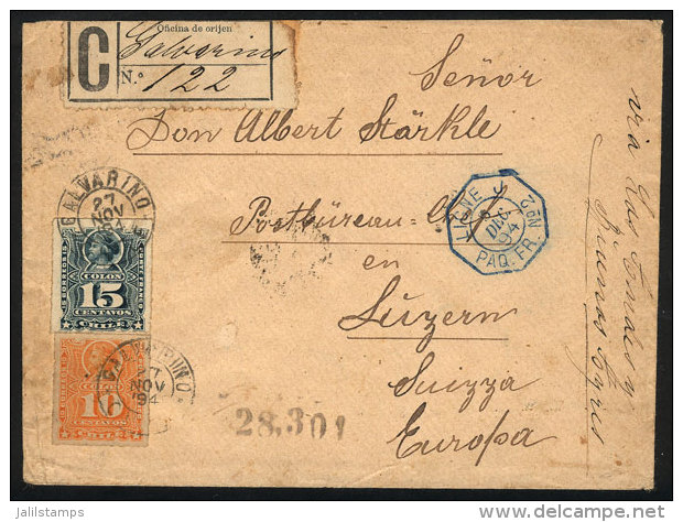 Registered Cover Sent From GALVARINO To Switzerland On 27/NO/1894 Franked With 25c., With Blue Octagonal Mark Of... - Chile