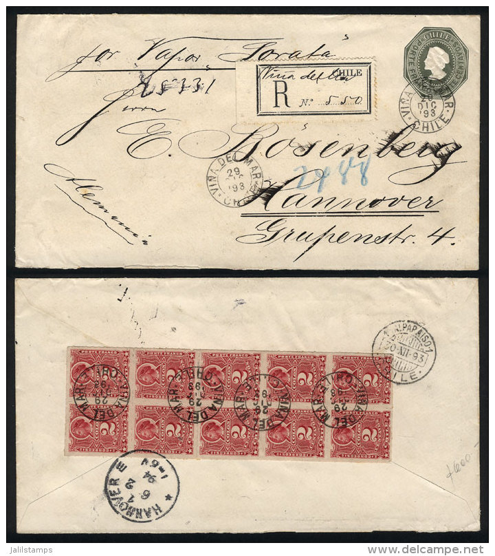 20c. Stationery Envelope With Block Of 10 Colombus 2c. Rouletted (Sc.26) Affixed On Back (total Postage 40c.), Sent... - Chile