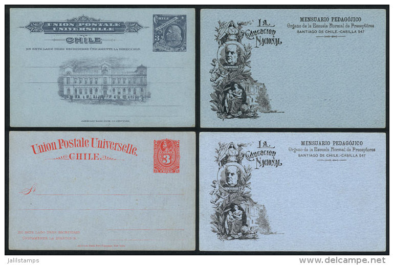 2 Postal Cards Of 3c. With Impression On Back Of The Monthly La Educación Nacional (bulletin Of Escuela... - Chile