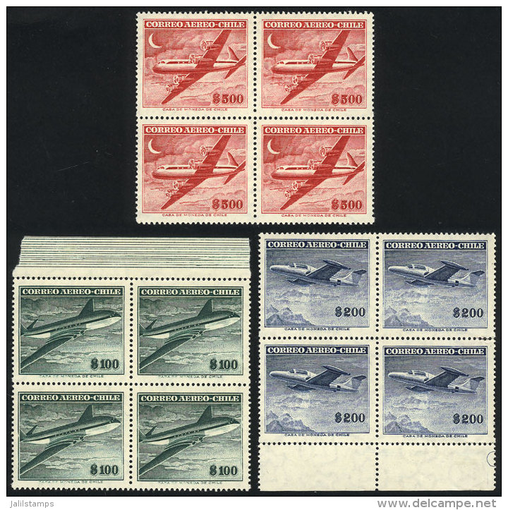 Yv.160/162, 1955/60 Airplanes, 100P., 200P. And 500P., Mint Blocks Of 4 Of VF Quality (at Least 2 Stamps In Each... - Chile