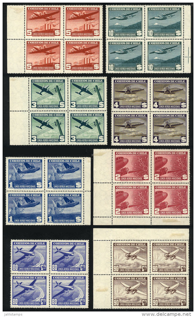 Yv.53/67 (Sc.54/68), 1941/2 Airplanes And Landscapes, Cmpl. Set Of 15 Values In Mint Blocks Of 4 (at Least 2 Stamps... - Chile