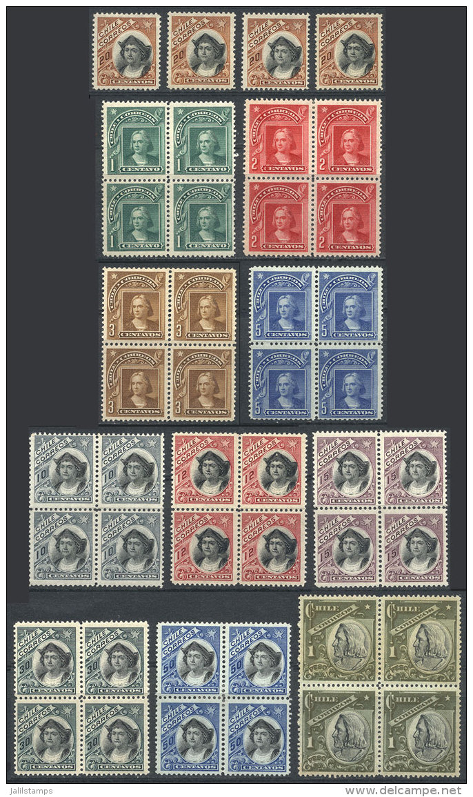 Yv.55/65 (Sc.68/78), 1905/9 Colombus, Cmpl. Set Of 11 Values In Mint Blocks Of 4 (there Are 4 Singles Of The 20c.... - Chile