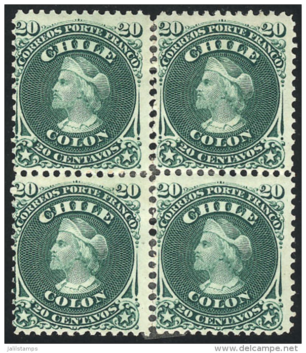 Yvert 15 (Sc.19), 1867 Colombus 20c. Green, Block Of 4 Mint Original Gum (actually These Are 2 Vertical Pairs,... - Chile