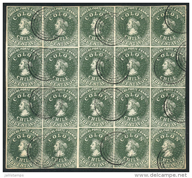 GJ.13, 1862 20c. Green, Unwatermarked REPRINT, Beautiful Block Of 20 Stamps, Excellent Quality! - Chile