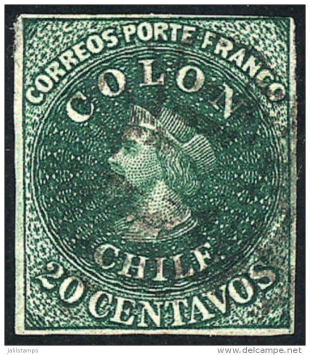 Yvert 10a (Scott 13), 1862 20c. Dark Green, With 4 Good Margins, VF Quality! - Chile