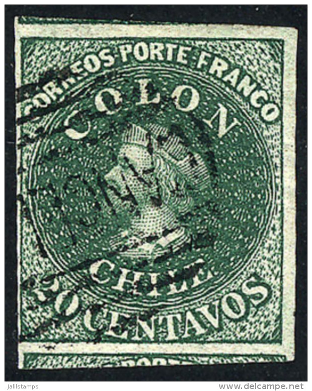 Yvert 10 (Sc.13), 1861/7 20c. Green, Fantastic Example With Huge Margins (with Part Of Neighboring Stamps), Superb,... - Chile