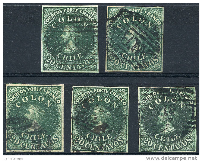 Yv.10 (Sc.13), 1861 20c. Green, 5 Used Examples, DIFFERENT SHADES, All With 4 Margins, Fine To VF Quality, Scott... - Chile
