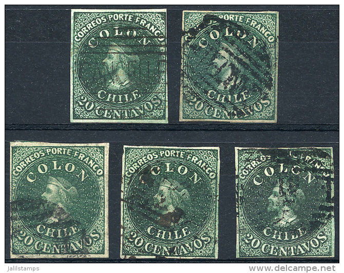 Yv.10 (Sc.13), 1861 20c. Green, 5 Used Examples, DIFFERENT SHADES, All With 4 Margins, Fine To VF Quality, Scott... - Cile