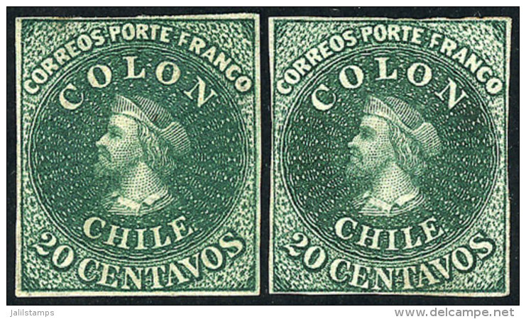 Yv.10 (Sc.13), 1861 20c. Green, 2 Mint Examples, Different Shades, Both With 4 Margins But One With Small Thin On... - Chile