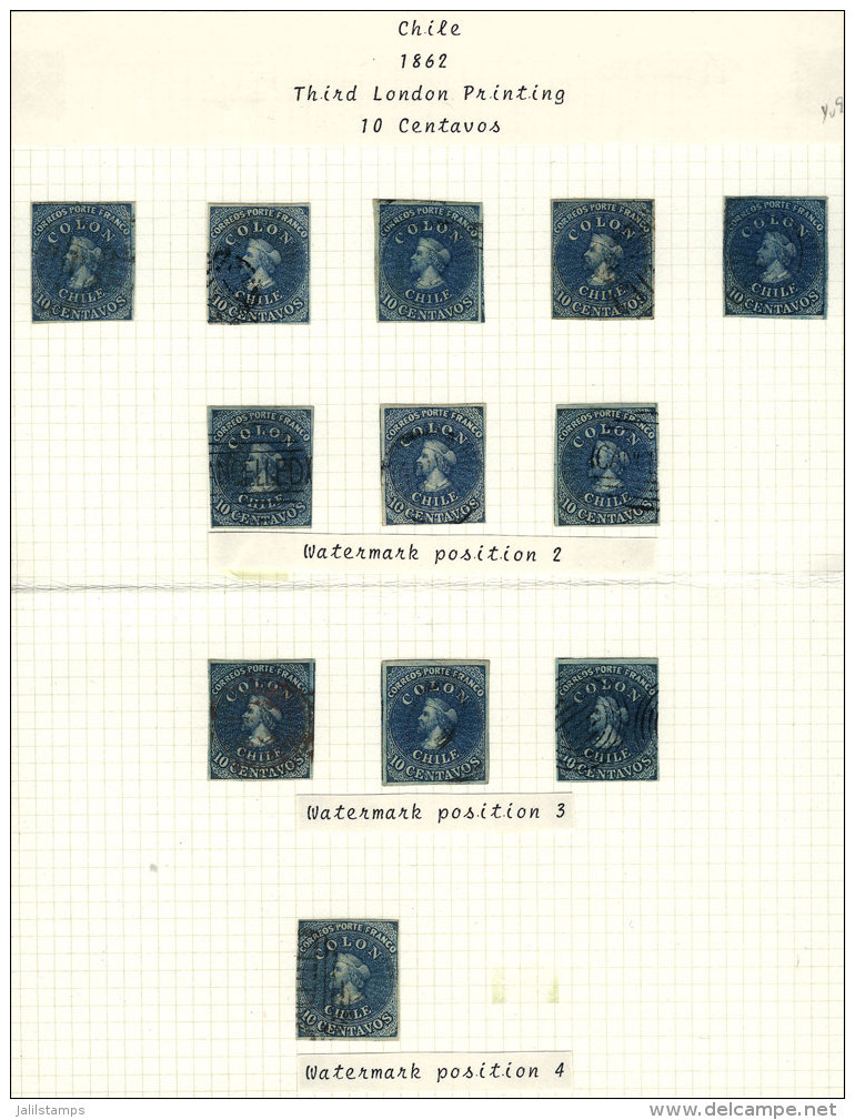 Yv.9, 9a (Sc.12, 12b), Page Of An Old Specialized Collection With 12 Used Examples, All With 4 Margins, VF General... - Chile