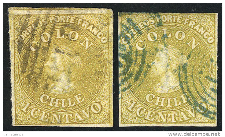 Yvert 7, 1862 1c. Lemon Yellow And Green-yellow (Sc.11 And 11b), Postally Used, With 4 Complete Margins, VF... - Chile