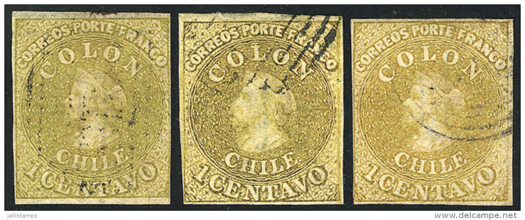 Yv.7 (Sc.11), 1862 Colombus 1c. Yellow, 3 Used Examples (different Shades), All With 4 Margins, VF! - Chile