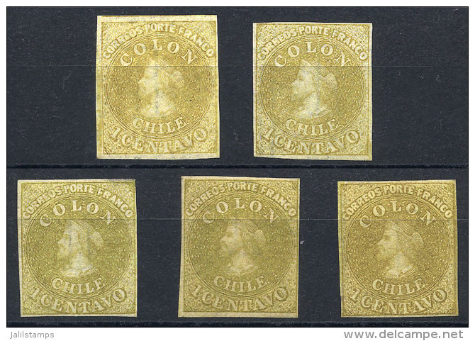 Yv.7 (Sc.11), 1862 Colombus 1c. Yellow, 5 Mint Examples (2 With Full Original Gum), Different Shades, All With 4... - Chile