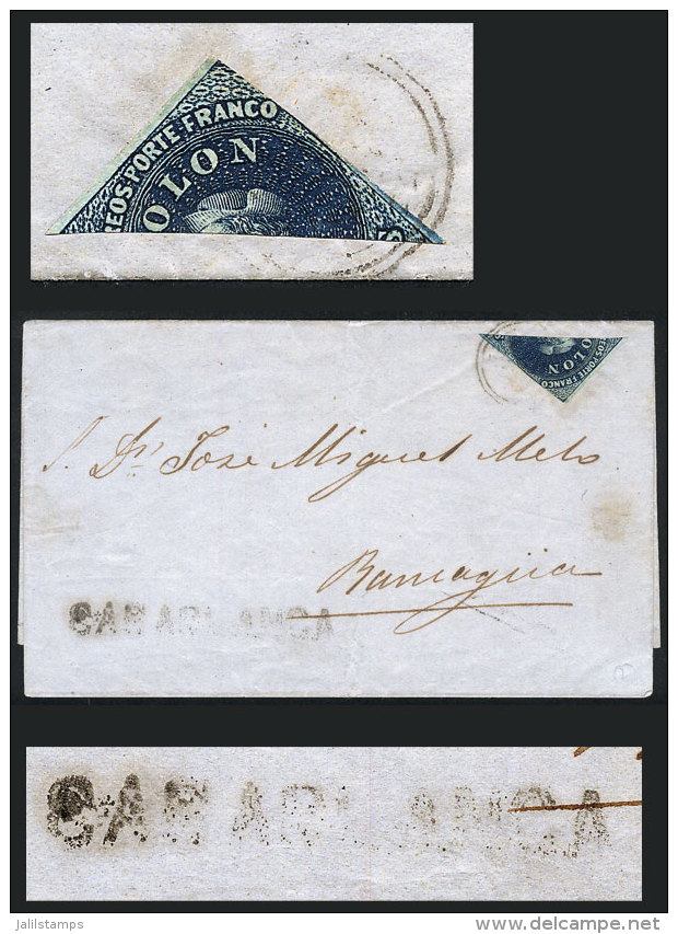 Yvert 6e (Scott 10n), 10c. Blue, Bisected And Used As 5c. On A Folded Cover Sent To Rancagua (circa 1860), With... - Chile