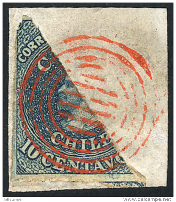 Yvert 6c (Sc.10n), 10c. Bisect On Fragment With Nice Red Cancel '6 Bars Inside Circles', Rare, Excellent Quality! - Chile