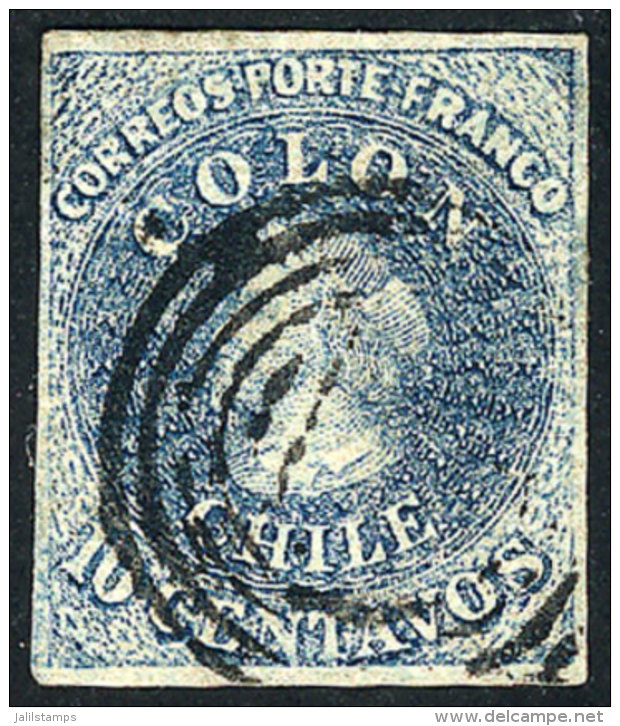 Yvert 6b, 1856/66 10c. Light Blue, 4 Complete Margins, VF Quality - Chile