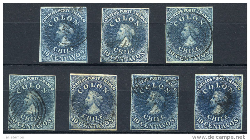 Yvert 2A, 2B, 1854 Columbus 10c. Blue, Printed In Santiago By Desmadryl, 7 Examples Of 4 Margins (some Very Ample),... - Chile