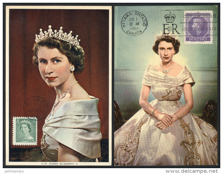 Queen Elizabeth II, 2 Maximum Cards Of 1953, One With First Day Postmark (and Small Defects On Back) - Maximum Cards