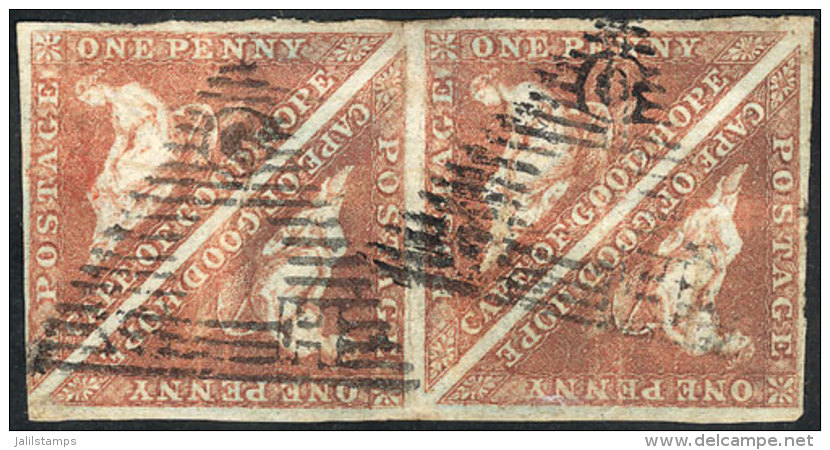 Sc.1, 1853 1p. Brick Red Printed On Bluish Paper, Nice Used Block Of 4, With Some Pressed Out Creases, Good Appeal,... - Cape Of Good Hope (1853-1904)