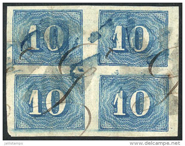 Sc.37, 1854 10R. Blue, Beautiful Block Of 4 With TRIPLE Cancellation: Pen + Mute Wedges (black) + Blue Cancel, VF... - Gebraucht