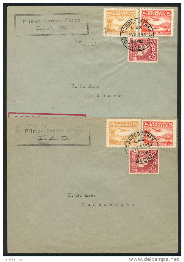 16/AU/1930: 2 Covers Carried By L.A.B. First Airmail Between Cochabamba - Sucre And Return, VF Quality! - Bolivia