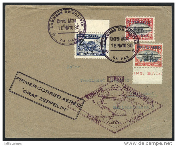 Cover Flown By Zeppelin, Sent From La Paz To Stuttgart (Germany) On 18/MAY/1930, Franked By Sc.C12 + C14 + C25,... - Bolivia