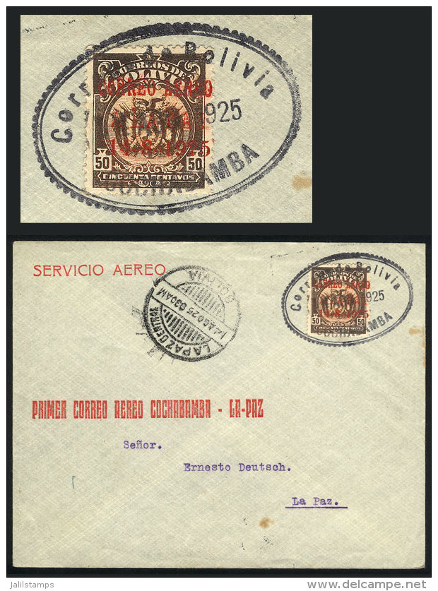 14/AU/1925 Cochabamba - La Paz First Airmail (Muller 7), Franked With 50c. Stamp With Special Red Overprint Of The... - Bolivia