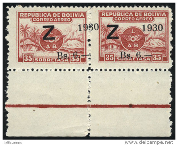 Sc.C26, Pair With Spectacular Variety: Left Overprint Shifted To The Right, Partially Over The Neighboring Stamp... - Bolivien
