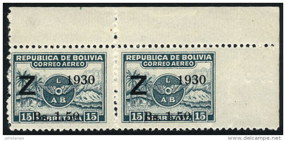 Sc.C24, Corner Pair, IMPERFORATE At Right, MNH (with Tiny Hinge Mark In The Top Margin), Superb, Rare! - Bolivia