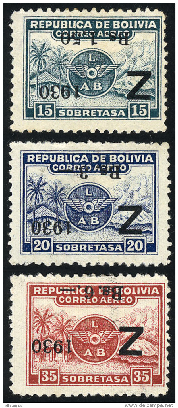 Sc.C24a + C25a + C26a, 1930 Zeppelin, Cmpl. Set Of 3 Values With INVERTED Overprint, Mint No Gum, VF Quality, Very... - Bolivia