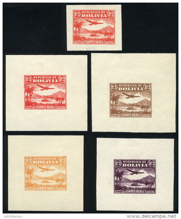 Sc.C34, ESSAYS Of 3B. With The Design Of The 2B. Value (airplane And River, Ship, Mountains), 5 Different Colors,... - Bolivia