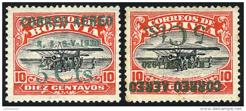 Sc.C19 + C19a, 1930 Zeppelin 5c., Normal And Inverted Overprint In METAL INK, The First One Superb, The Latter With... - Bolivia