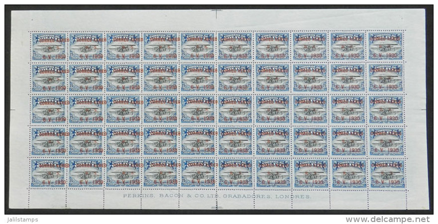 Sc.C15, 1930 Zeppelin 25c., Complete Sheet Of 50 Stamps, The 25 On The Left With Shifted Overprint (to The Right),... - Bolivia