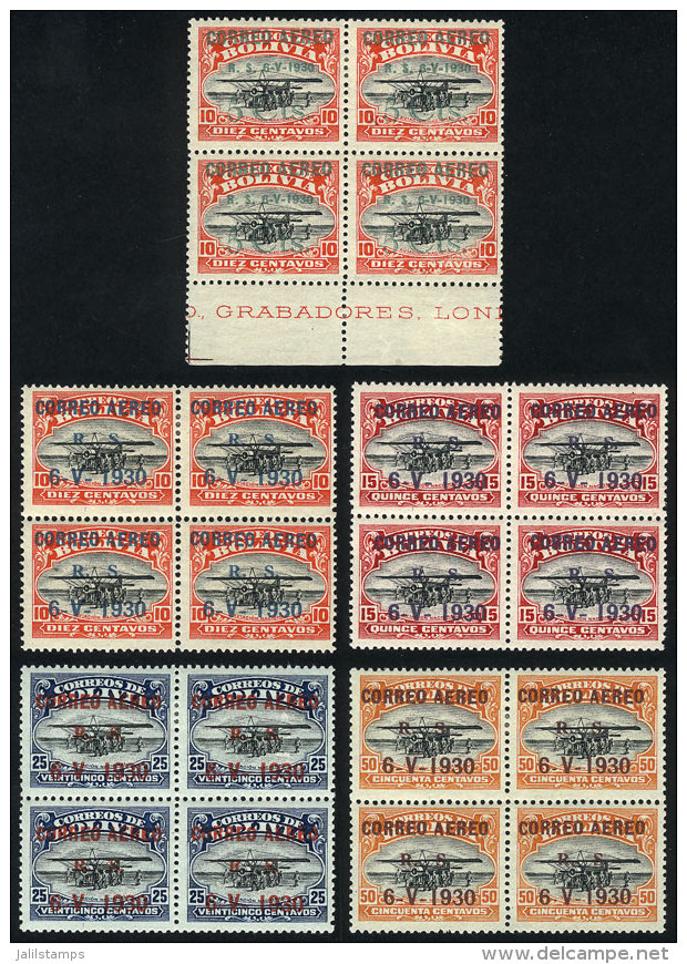 Sc.C11/12 + C14/16, 1930 Zeppelin, The First 5 Values Of The Set In BLOCKS OF 4, Excellent Quality (2 Stamps In... - Bolivie