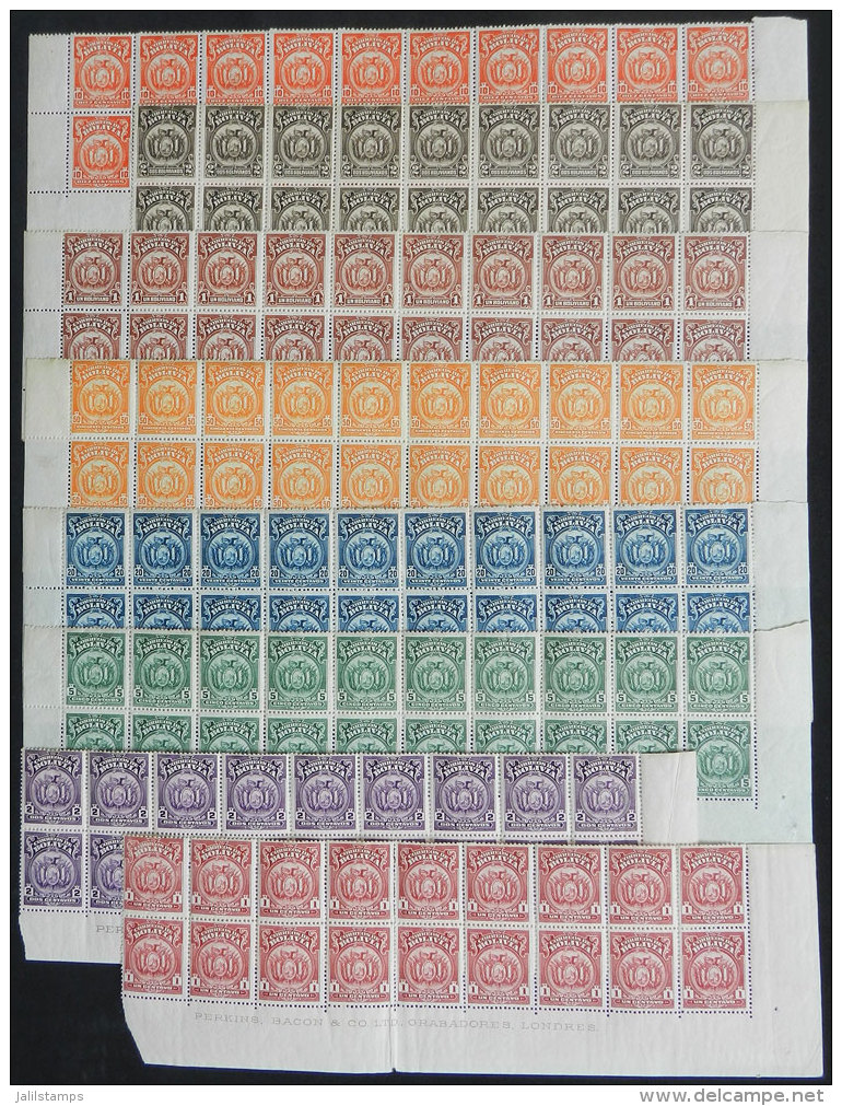 Sc.128/137, 1923/7 Coats Of Arms Printed By Perkins Baco &amp; Co., Cmpl. Set Of 8 Values In Strips Of 18 Or 20... - Bolivia