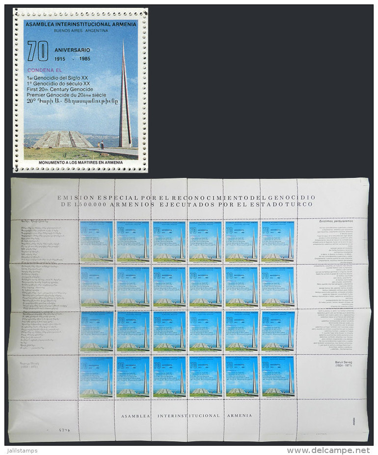 Cinderella Printed In Argentina Commemorating The 70th Anniversary Of The Armenian Genocide, Complete Sheet Of 24... - Other & Unclassified