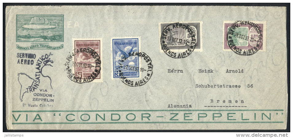 Cover Sent By ZEPPELIN To Germany On 27/OC/1932, Franked With 4 Different Stamps Of The First Airmail Issue... - Other & Unclassified