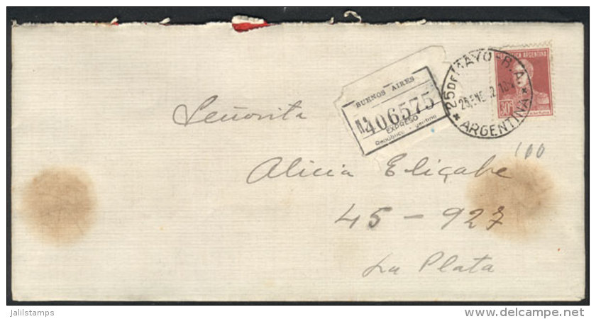 Registered Cover Franked With 30c. San Martín W/o Period ALONE, Sent From 25 De Mayo To La Plata On... - Other & Unclassified